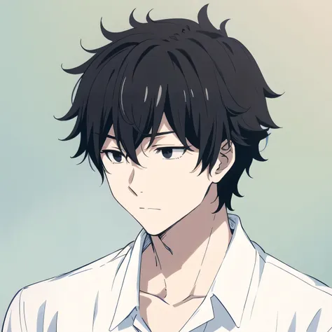 blach hair, kou mabuchi, black eyes, blue social shirt