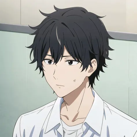 blach hair, kou mabuchi, black eyes, social blue shirt