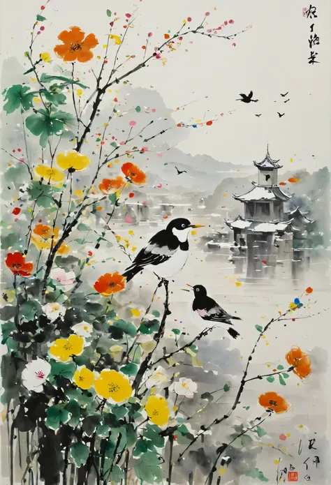 watercolor painting, flowers, bird, (by Wu Guanzhong), (best quality, masterpiece, 8k)