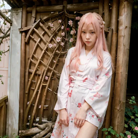 A girl with pale skin, long pink hair with Sakura, and japanese kimono 