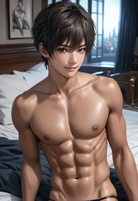 high quality, detailed, Realistic, (17 years old tanned japanese idol boy), (detailed black eyes), (black short hair), (abs), (tanned dark brown skin), night palace bedroom, (black tiny thong), (bulge), (detailed nipples), detailed areola,best quality,4k,8...