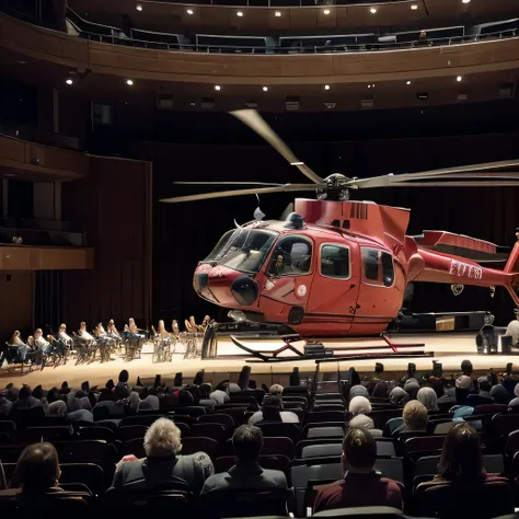 best quality, ultra-detailed, realistic, (red transport helicopter, UH-60, flying:1.4), BREAK (concert hall, orchestra:1.3),