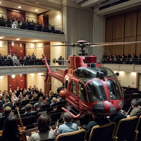 best quality, ultra-detailed, realistic, (red transport helicopter, UH-60, flying:1.4), BREAK (concert hall, orchestra:1.3), from behind