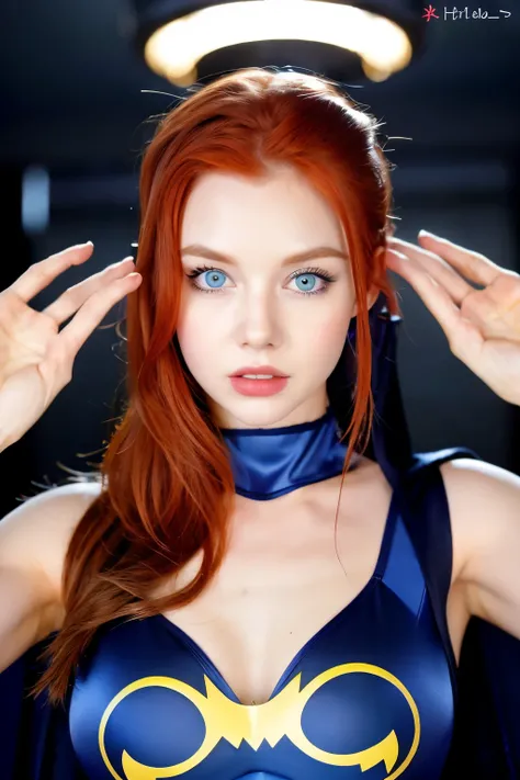 a beautiful redhead woman with blue eyes, from the front dressed as a batgirl with bare shoulders and hands behind her head