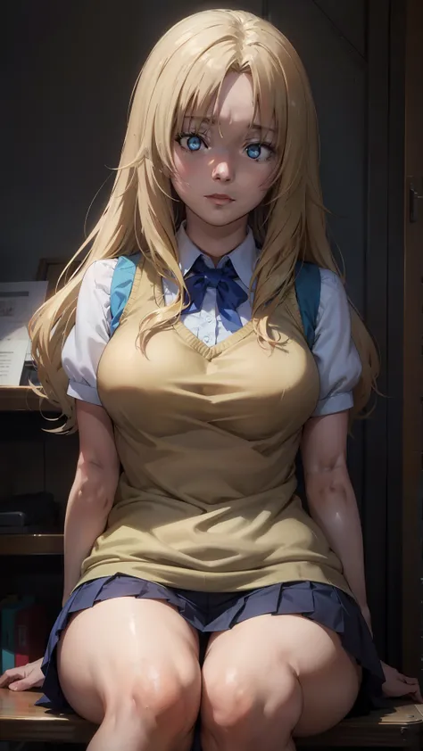 rita, blonde hair, long hair, blue eyes, 
BREAK (otonokizaka , pleated skirt, , short sleeves, skirt, summer uniform, sweater vest, yellow sweater vest,:1.2)
BREAK  sitting in an office chair, on a desk,
BREAK (masterpiece:1.2), best quality, high resoluti...