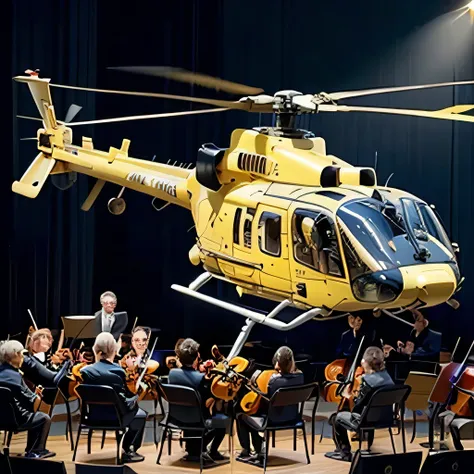 best quality, ultra-detailed, realistic, (yellow transport helicopter, UH-60, flying:1.4), BREAK (concert hall, orchestra:1.3), from behind