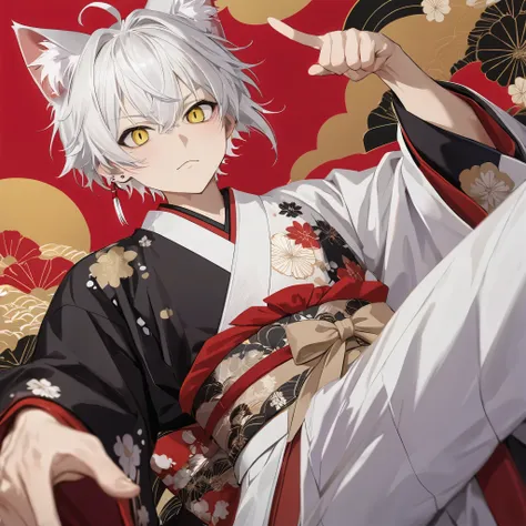 cat_boy, 1boy,(animal ears),white hair, short hair with single long lock,(split color kimono),(white kimono),(black kimono),(red...