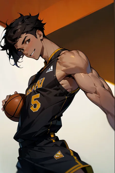 male, Tall (62"), muscular build, short black hair, dark brown eyes, african-american, usually in basketball gear or casual clothing, charismatic and often smiling.