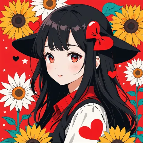 Black Star Red and White style, Simple Line Initialism，Abstract art，Kawaii Design, The most beautiful girl of all time, The background is sunflowers, colorful hearts, colorful flowers,