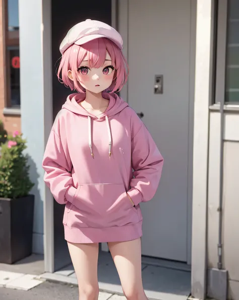 masterpiece,1 girl,alone,(((cutest girl ever)))、short hair,pink hair,Fashionable hoodies,mob cap, street,put your hands on your hips, put one&#39;Hand in hand&#39;pocket of,