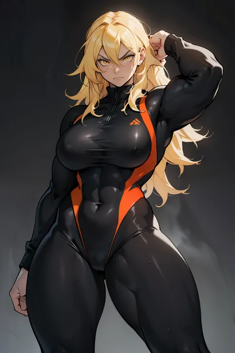 (bodybuilder) pale skin yellow eyes black hair very long hair 1girl huge breasts dark atmosphere thick thighs grey background one-piece swimsuit angry long sleeves leggings