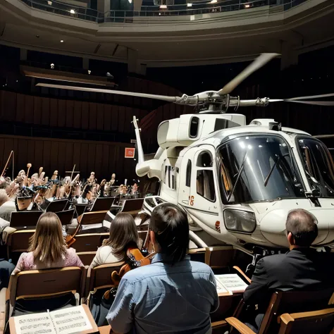 best quality, ultra-detailed, realistic, (white transport helicopter, UH-60, flying:1.4), BREAK (concert hall, orchestra:1.3), from behind, BREAK (motion blur:1.5)