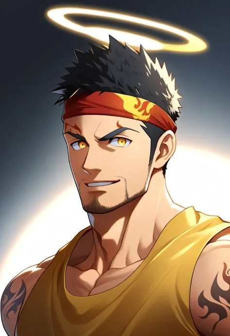 anime characters：Gyee, priapus, 1 young muscular man, male focus, Flame tattoo, sports Red headband, Dark Yellow spandex tight tank top, muscular male, muscular, only, Upper body, alone, Black short hair, Thick eyebrows, stubble, Yellow eyes, White backgro...