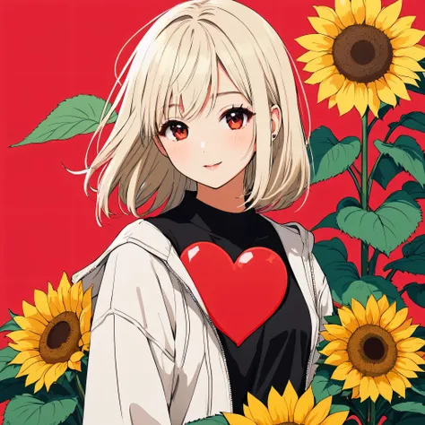 Mika Pikazo Black Star Red and White style, Simple Line Initialism，Abstract art，Kawaii Design, The most beautiful girl of all time, The background is sunflowers, colorful hearts, colorful flowers,