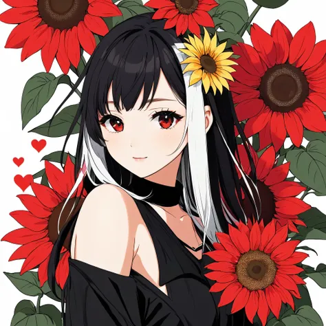 Mika Pikazo Black Star Red and White style, Simple Line Initialism，Abstract art，Kawaii Design, The most beautiful girl of all time, The background is sunflowers, colorful hearts, colorful flowers,