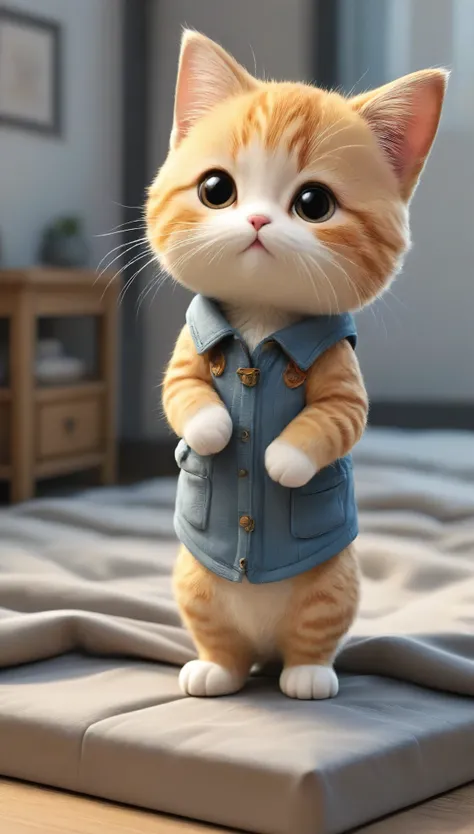Highest quality,animal,cute,No humans,kitten,Stand on two legs，Hands at the side，brown，Wearing trainers