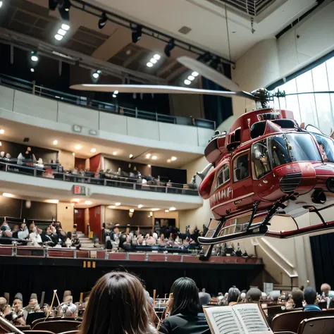 best quality, ultra-detailed, realistic, (red transport helicopter, UH-60, flying:1.4), BREAK (concert hall, orchestra:1.3), from behind, BREAK (motion blur:1.5)