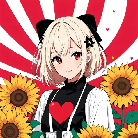 Mika Pikazo Black Star Red and White style, Simple Line Initialism，Abstract art，Kawaii Design, The most beautiful girl of all time, The background is sunflowers, colorful hearts, colorful flowers,