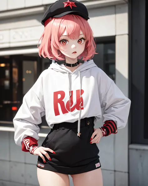 Black Star Red and White style, masterpiece,1 girl,alone,(((cutest girl ever)))、short hair,pink hair,Fashionable hoodies,mob cap, street,put your hands on your hips, put one&#39;Hand in hand&#39;pocket of,