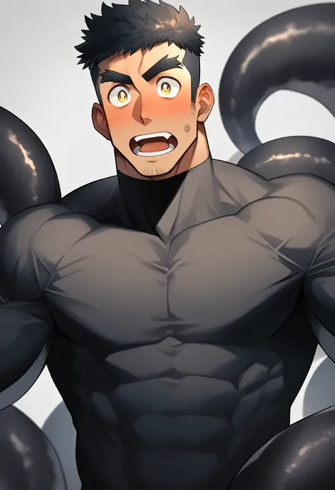 anime characters：Superhero in tights, negro black skin, He was entangled by a large number of thick black tentacles, Very stout, Lots of mucus, Wrap around the neck, Wrap around the waist, Tightly tied, Manliness, male focus, Yellow and black high collar l...