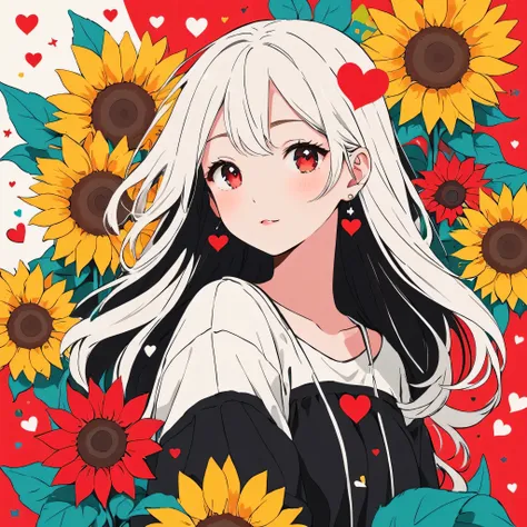 Black Star Red and White style, Simple Line Initialism，Abstract art，Kawaii Design, The most beautiful girl of all time, The background is sunflowers, colorful hearts, colorful flowers,