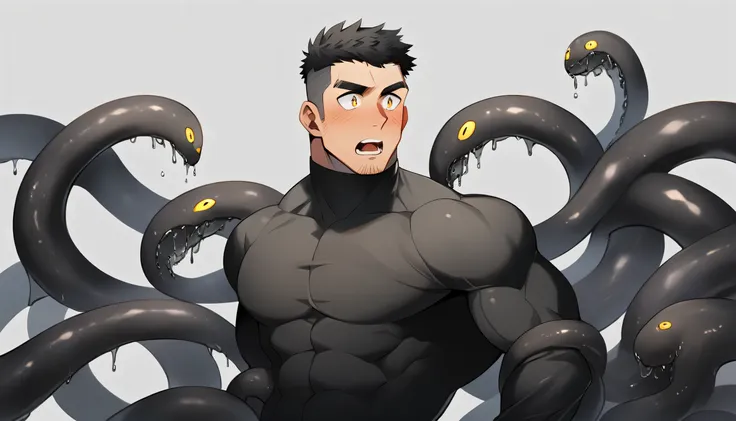 anime characters：superhero in tights, negro black skin, he was entangled by a large number of thick black tentacles, very stout,...