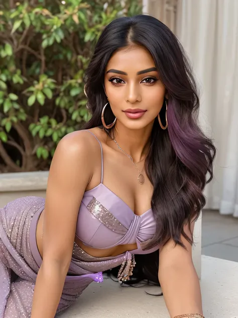 "Create an ultra-realistic image of a modern, attractive female influencer of Indian descent, aged between 27 to 30. She should have a warm and inviting smile, expressive almond-shaped eyes with a slight shimmer, and clear, glowing skin with a medium brown...