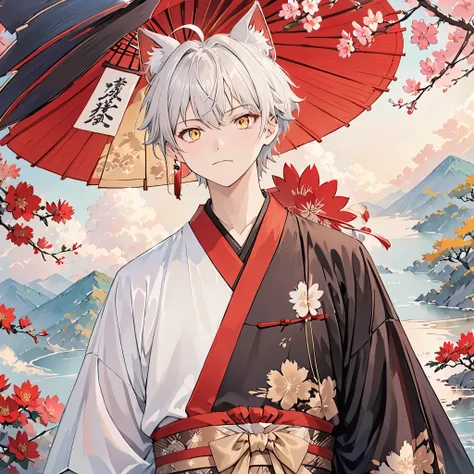 ((cat_boy)),1boy,(animal ears),white hair, short hair with single long lock,(split color kimono),(white kimono),(black kimono),(...