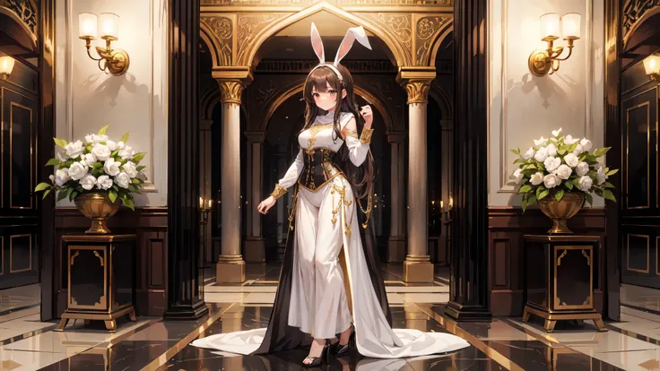 "A beautiful Saudi Arabian bunny girl, wearing a modest and elegant bunny outfit. She has long dark hair styled in soft waves, dark brown eyes, and a graceful expression. The outfit includes a flowing abaya-inspired corset with intricate gold embroidery, m...