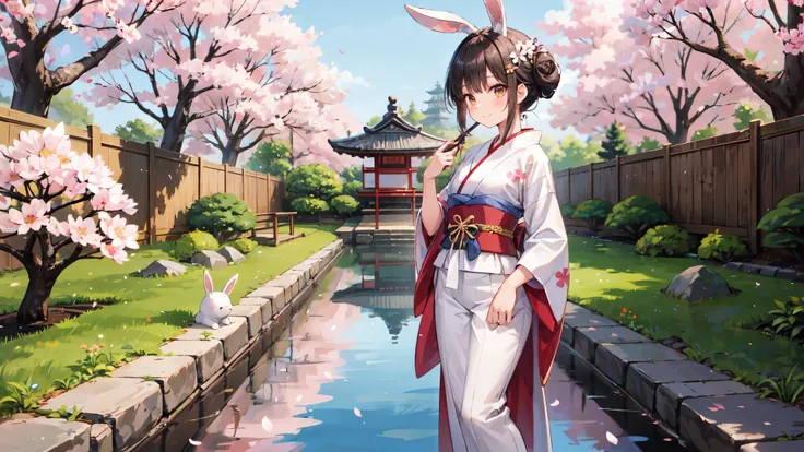 "A beautiful Japanese bunny girl, wearing a kimono-inspired bunny outfit. She has long black hair styled in a traditional geisha updo with decorative hairpins and flowers, almond-shaped brown eyes, and a serene smile. The outfit includes a silk kimono-styl...