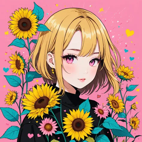 Black Star Gold and Pink style, Simple Line Initialism，Abstract art，Kawaii Design, The most beautiful girl of all time, The background is sunflowers, colorful hearts, colorful flowers,