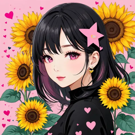 Black Star Gold and Pink style, Simple Line Initialism，Abstract art，Kawaii Design, The most beautiful girl of all time, The background is sunflowers, colorful hearts, colorful flowers,