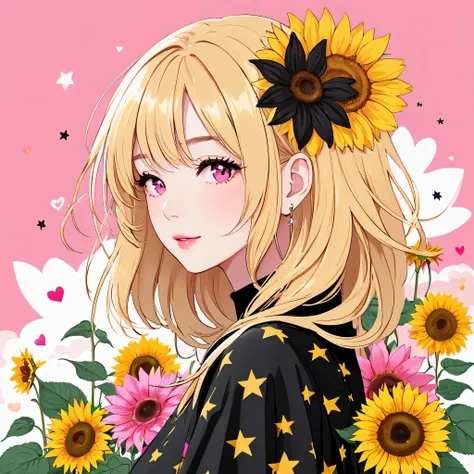 Black Star Gold and Pink style, Simple Line Initialism，Abstract art，Kawaii Design, The most beautiful girl of all time, The background is sunflowers, colorful hearts, colorful flowers,