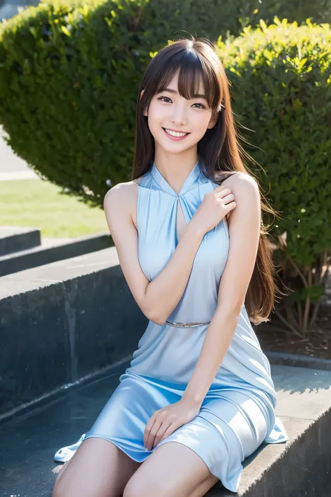 1 Beautiful young Asian military girl, radiant with a smile and long straight hair cascading down to her shoulders, framed by delicate bangs, her blue eyes sparkling with youthful spirit, a straight nose sitting perfectly in symmetry with her delicate feat...