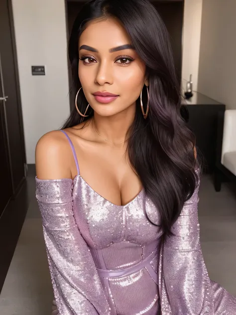 "Create an ultra-realistic image of a modern, attractive female influencer of Indian descent, aged between 27 to 30. She should have a warm and inviting smile, expressive almond-shaped eyes with a slight shimmer, and clear, glowing skin with a medium brown...