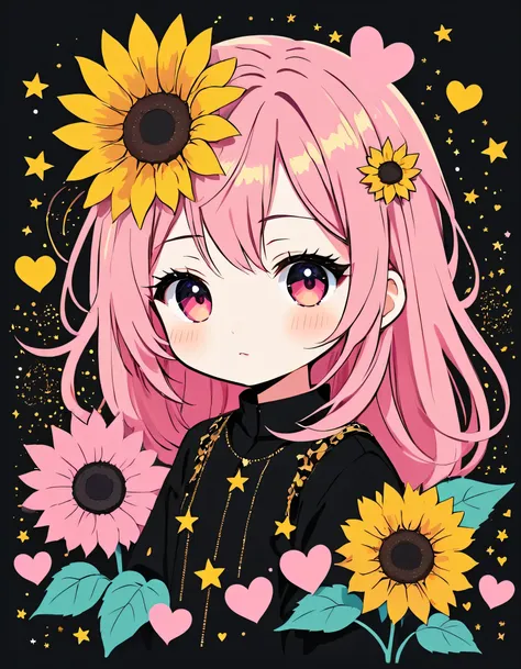 Black Star Gold and Pink style, Simple Line Initialism，Abstract art，Kawaii Design, The most beautiful girl of all time, (((chibi))), The background is sunflowers, colorful hearts,