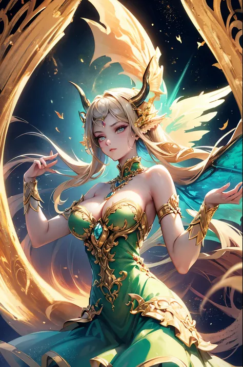 (high-quality,16k,HD,masterpiece:1.2),dragon girl,original character,fantasy dresses,perfectly shaded,extremely detailed horn,glowing effect,resplendent wings,enchanted forest background,vibrant colors,fierce gaze,majestic pose,ethereal atmosphere,dreamlik...