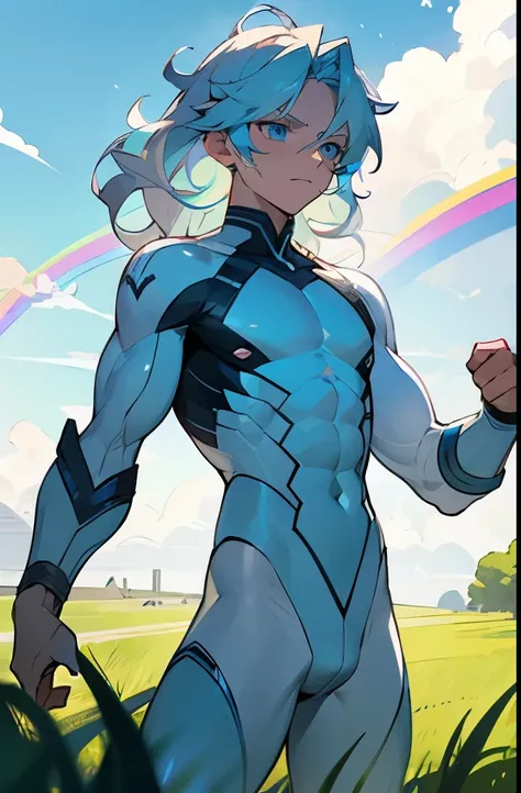 1male , Pale Powder Blue Eyes , Luminescent White Hair , Wavy Hair , Medium Length Hair , Rainbow Highlighted Hair, White Compression Shirt , Muscular , Wrist Wraps , Muscular , Adult Male , Standing in Grassy Planes , Facing Camera , Serious Expression , ...