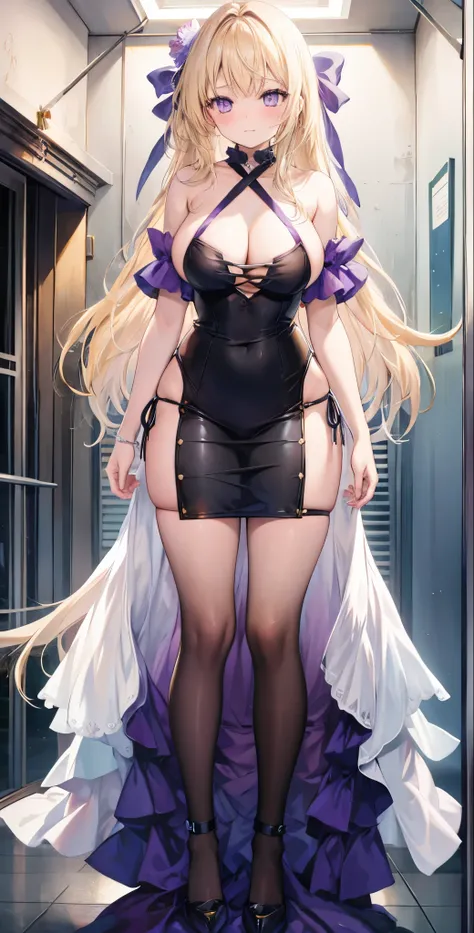 girl，Large Breasts，long hair，Topless，Bow，Blonde hair, Purple Eyes, 