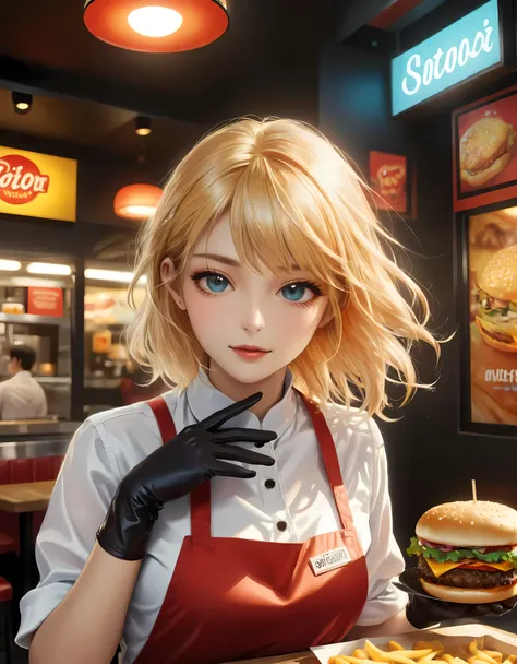 ((Masterpiece in maximum 16K resolution):1.6),((soft_color_photograpy:)1.5), ((Ultra-Detailed):1.4),((Movie-like still images and dynamic angles):1.3) | ((double contact):1.3), ((Supermodel beauty as a Fast Food Worker):1.2), ((Superimposed on Blonde Hair ...