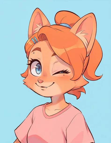 little fox, kid girlfox, yellow hair, ginger fur, blue eyes, cute kid, alone, face similar to Diane Foxington, kid , tied hair, pink dress, hair clips, sending, 1 eye closed