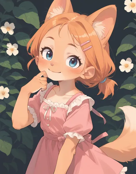 little fox, kid girlfox, yellow hair, ginger fur, blue eyes, cute kid, alone, face similar to diane foxington, kid , tied hair, ...