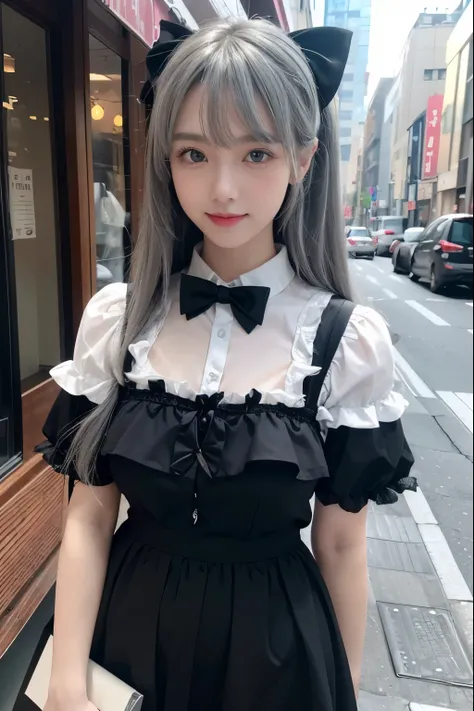 Knee、(1 girl)、20th Generation、(Take in the view)、((smile))、((black eye))、((Light silver ash hair))、(Straight bangs)、((Gothic Lolita Fashion_Short sleeve black dress_Long skirt))、Frills、(Collar and bow tie)、(White cuffs)、Lip gloss、Purelos Face_v1、Glow Eyes、...