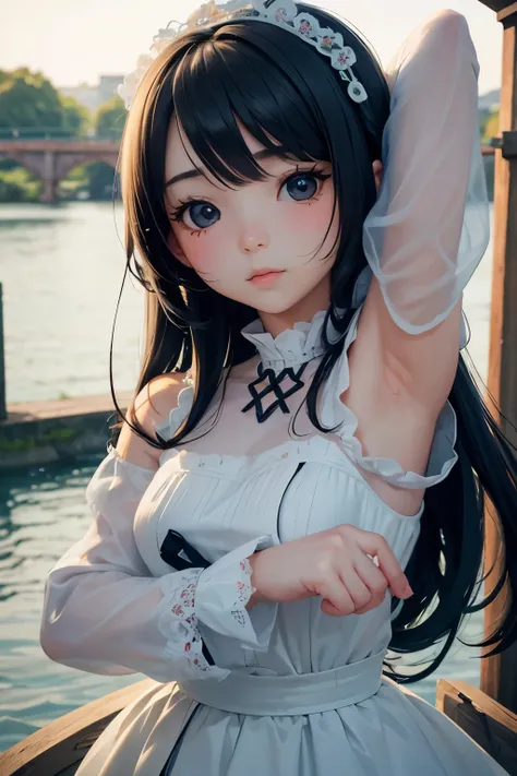 Chibi Girl Doll、bank、river、bridge、Enjoying stretching、Very detailed、Ultra-realistic、Photorealistic、8K、Hyperrealistic、masterpiece、Beautiful detailed eyes、Beautiful detailed lips、Very detailedな顔、Long eyelashes、Beautiful young girl、Calm expression、Warm colors...