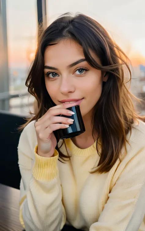 Cute beautiful blonde with yellow sweater (Drinking coffee in a modern café at sunset), muito detalhado, 14years old, innocent face, naturally wavy hair, blue eyes, high-res, ​masterpiece, best qulaity, Intricate detailing, muito detalhado, sharp focus, de...