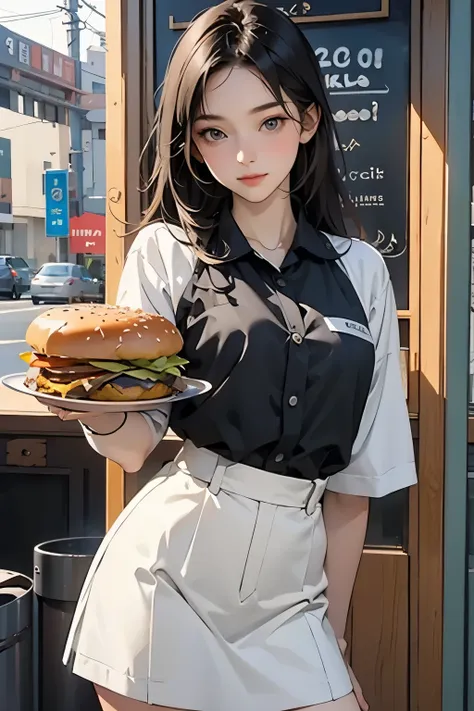 (young woman wearing a burger shop uniform、holding a tray with a burger, fries and a drink:1.2)、bust up illustration、front view、...