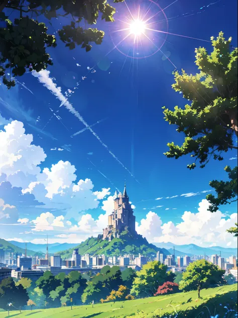 Green Alps in anime style，With bright blue sky and sunshine 