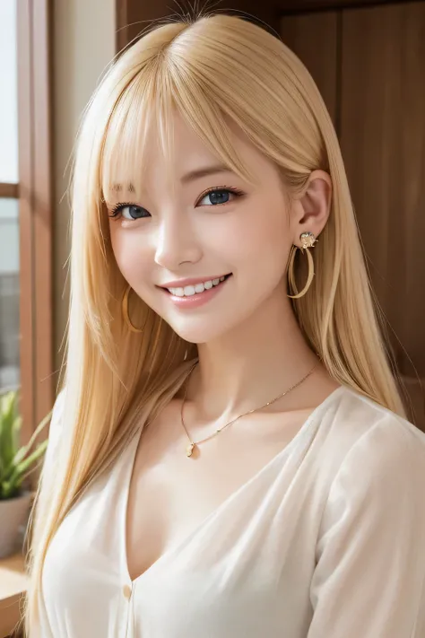 young woman、Blonde、ウェーブのかかった髪、ear piercing、Necklace around the neck、blouse、Emphasize the chest、smile、Beautiful teeth alignment、Intricate details, Very detailed:1.2), 、 Looking into the camera、The background is the office

