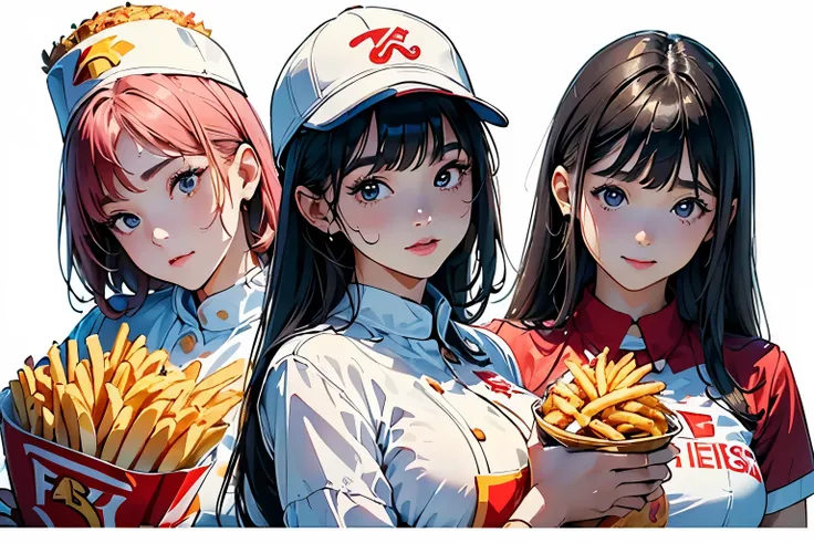 (Perfect Face,Arafe illustration of three women in different clothes)、(Girls standing in line)、(Young woman wearing a fast food restaurant uniform、Wearing a paper hat、hamburger_french fries_Holding a tray with drinks:1.4)、Colorful uniforms、Chic uniform、Fla...