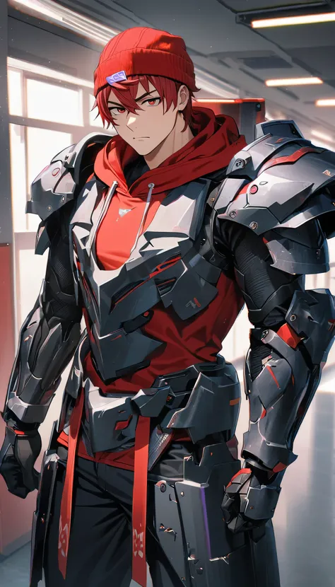 1 boy, highschool,white blazer and red hoodie ,red beanie,red eyes,red hair,he has a high huge tech Armoured arm,calm expression , standing ,8k,highly detailed armour in his right arm,